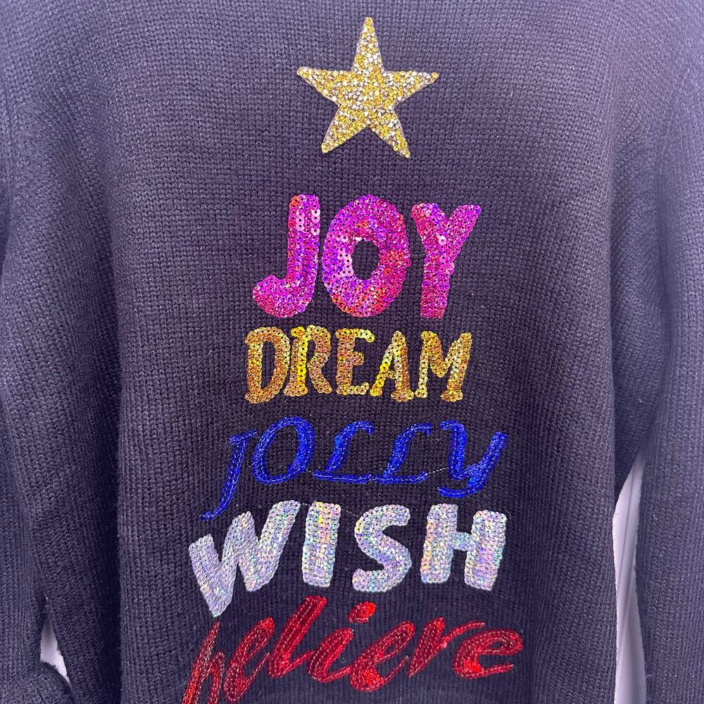 Holiday Time Black Ugly Christmas Sweater Joy Dream Jolly Wish Believe Sequined - Picture 4 of 7
